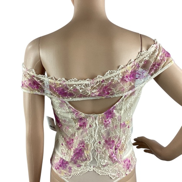 Free People Intimately Bodysuit Size M Off Shoulder Floral Lace Ivory Pink - Picture 6 of 9